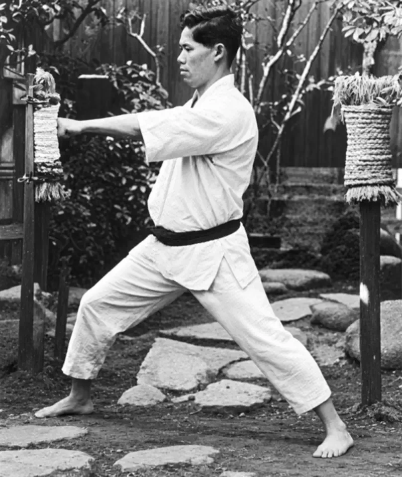 Master Yoshitaka Funakoshi outdoor garden makiwara training