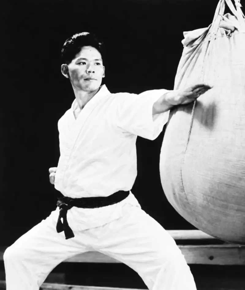 Master Yoshitaka Funakoshi heavy sandbag strike with knife-hand in kiba-dachi
